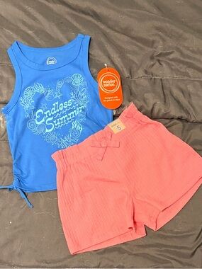wonder nation Blue Tank Top & Coral Pink Ribbed Shorts Set XS(4/5)